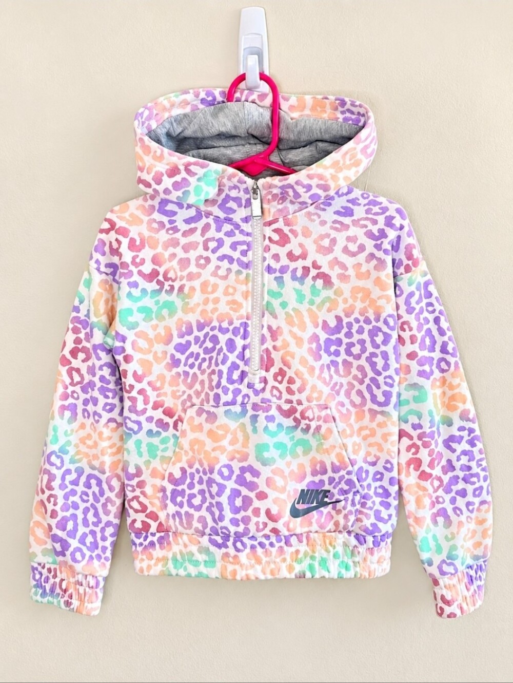 Nike Girls Leopard Print Hoodie Size Small Multicolor Pastel Half Zip Pullover